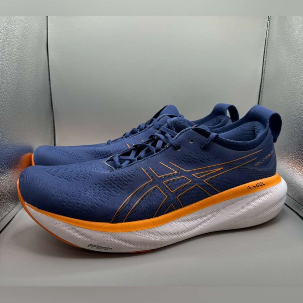 Asics Shoes 2023 Gel Nimbus 25 Dewkist Sz 14 Wide Mens Navy Blue Orange Running